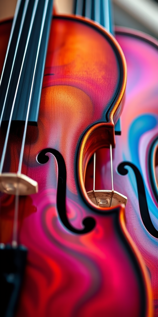 Close-up of two violins intertwined with vibrant color swirls, high dynamic range, ISO 100, f/2.8 aperture, 100mm macro lens, soft focus background, natural light illumination.