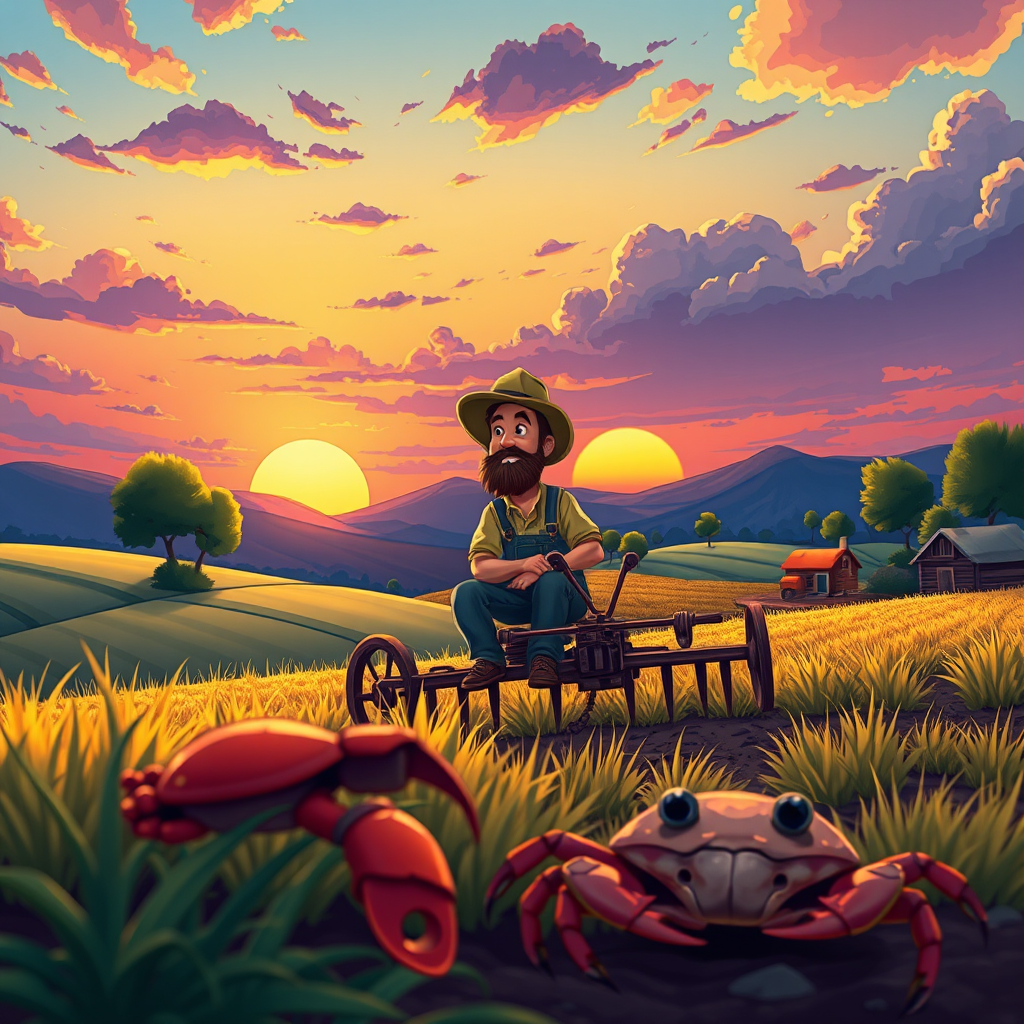 Colorful cartoon landscape with a farmer sitting on a plow, looking contemplative, vibrant sunset in the background, crab in foreground, shot with a high-resolution digital camera, wide-angle lens, f/8 aperture, ISO 100, soft focus for depth.