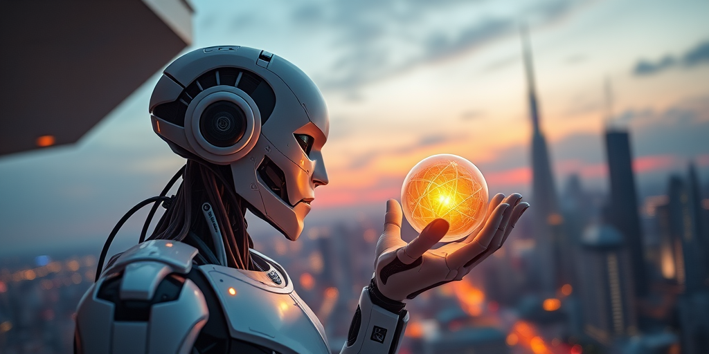 Create a hyper-realistic digital illustration of a futuristic humanoid robot with a glowing orb in its hand, set against a vibrant city skyline at dusk, captured with a Canon EOS R5 at f/1.8, ISO 200, and a 50mm lens, using a high-angle shot for dramatic effect and enhanced clarity.