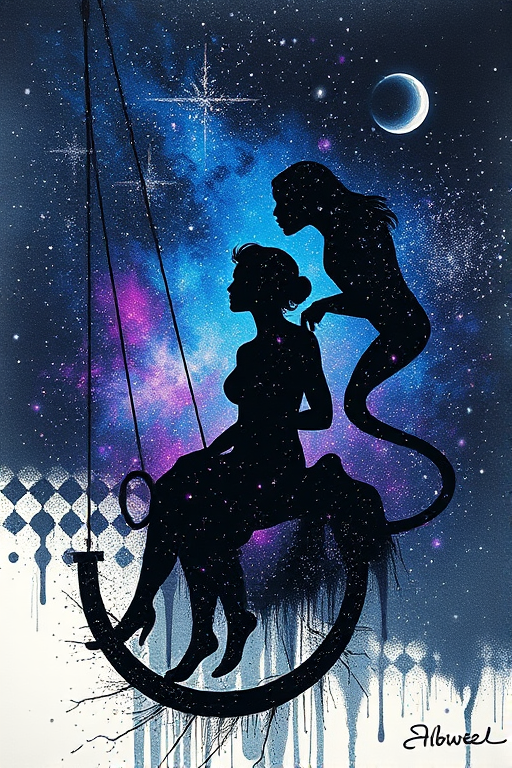 Captivating conceptual render alcohol ink art, double exposure, the paint strokes artfully merge combining a woman's full silhouette with a Swinging monkey's silhouette. The figures are composed of a series of colored dots, lines & spots that evoke the image of a cosmic galaxy, colors are deep shades of blue purple & black with flashes of white & silver representing distant stars. The woman's silhouette is formed within the lion's silhouette from constellations of scattered stars, surreal