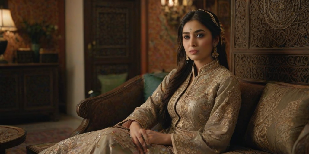 A beautiful Pakistani woman in traditional East Asian attire, intricately detailed with embroidered patterns, sitting gracefully in a richly decorated room, soft ambient lighting, serene and elegant, ultra-realistic, 8K resolution