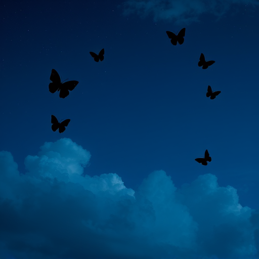 Create a serene nighttime scene featuring a deep blue sky with soft clouds. Include several black butterflies gracefully flying across the sky. Center a subtle heart shape in the middle of the composition.