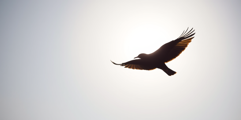 Generate a high-quality image of a black silhouette of a bird in flight, using a DSLR camera with a 50mm lens, f/2.8 aperture, ISO 100, 1/500s shutter speed, captured from a low angle against a bright sky background.