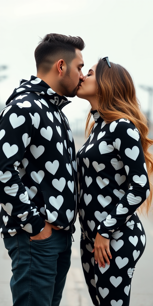 Generate an image of a couple kissing, dressed in contrasting outfits covered in black and white heart patterns, with a soft focus background, using a DSLR camera, f/2.8 aperture, ISO 100, 50mm lens, in portrait mode.