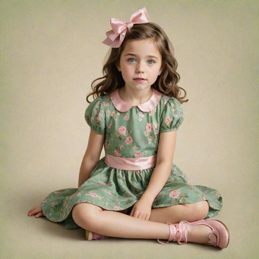digital illustration of a kid girl with brown hair and blue eyes, sitting on the floor with her legs crossed and her hands resting on her knees. she is wearing a green floral dress with a pink bow on the front and a pair of green shoes with gold ribbon. She has a pink bows on her head. The background is a light beige color with a subtle texture. whimsical and dreamy.The color scheme is soft and muted pastel.