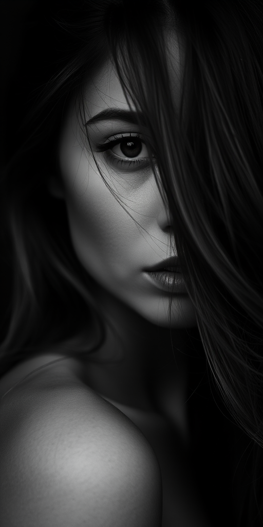 portrait of a woman with her hair covering part of her face, soft lighting, shallow depth of field, 50mm lens, f/1.8 aperture, ISO 100, taken with a full-frame DSLR camera, moody black and white style