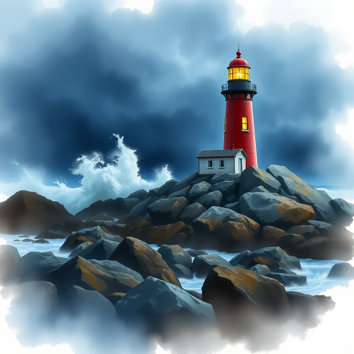 Generate a high-quality watercolor painting of a lighthouse on a rocky shore during a stormy night, with dramatic waves crashing against the rocks and illuminated windows in the lighthouse, captured with a Canon EOS R5, 50mm lens, f/1.8, ISO 200, shot in a wide-angle view for greater depth, using soft focus to enhance the atmospheric mood.