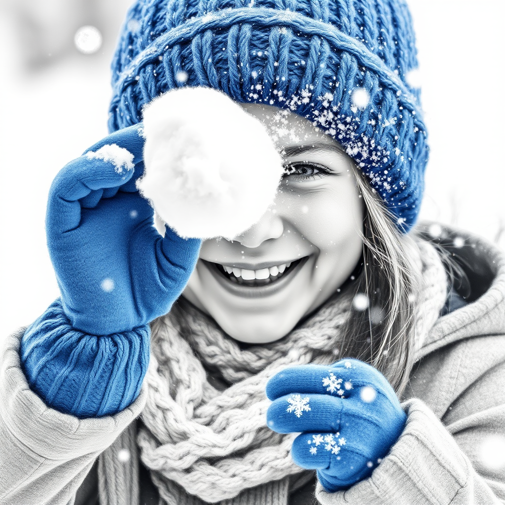A hyperdetailed photorealistic macro image black and white pencil sketch of a young girl getting hit by a snowball during a snowball fight. She is wearing a brilliant sapphire blue wool beanie and bright blue mittens. She is trying to block the snowball by putting her hands up. The snowball hits her beanie and disintegrates into myriad tiny snowflakes caught with high speed photography. The girl is laughing and having a wonderful time.