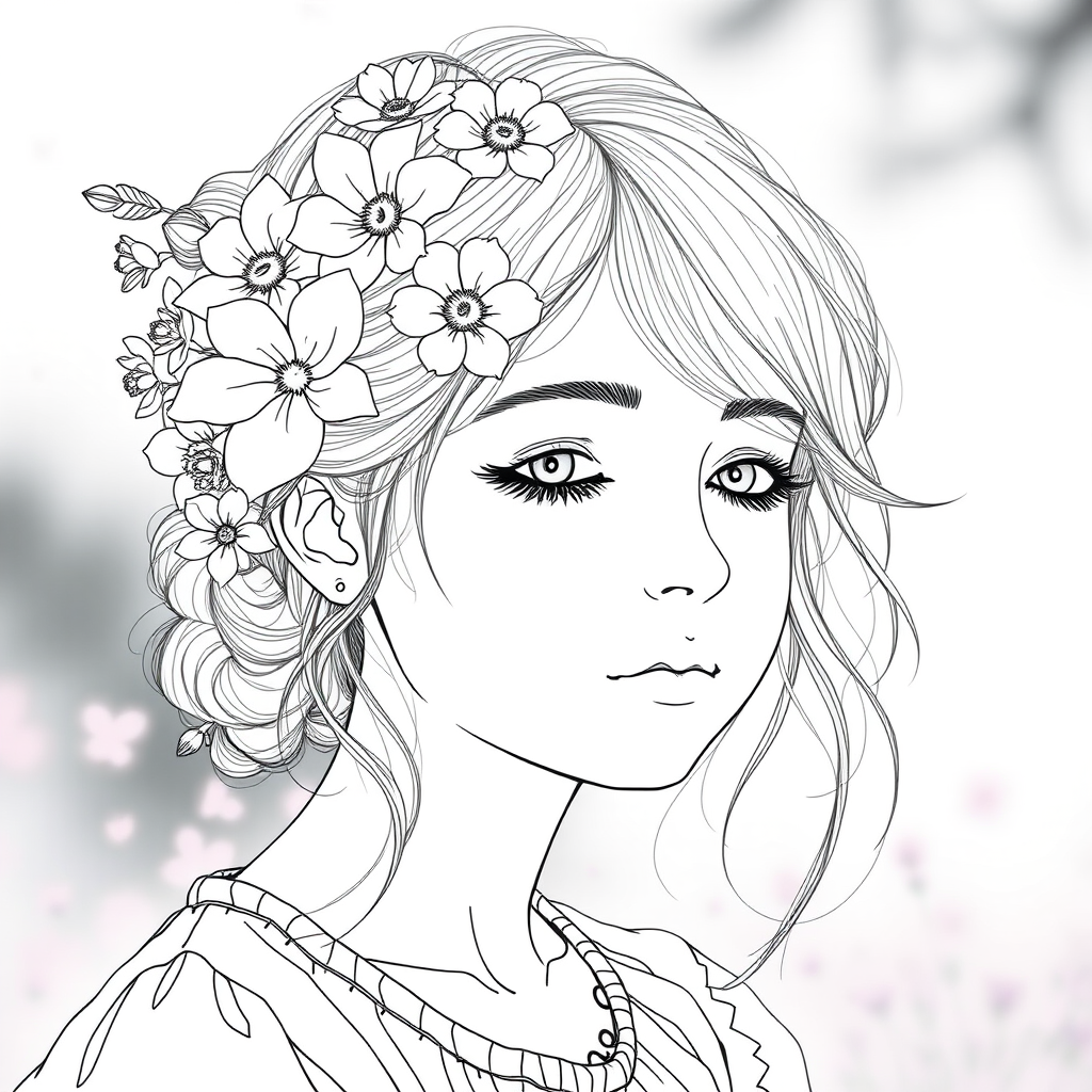 Create a highly detailed line art illustration of a serene girl with flowers in her hair, using a Canon EOS R5 with a 50mm f/1.2 lens at ISO 100, aperture f/4, capturing a soft focus background in natural light to enhance clarity and contrast.