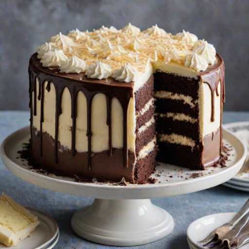 Create a richly layered chocolate and vanilla cake with smooth frosting, topped with white chocolate shavings. The cake should have distinct layers of dark chocolate and creamy vanilla, presented on a simple plate with a fork beside it. The background should be softly blurred to highlight the cake.