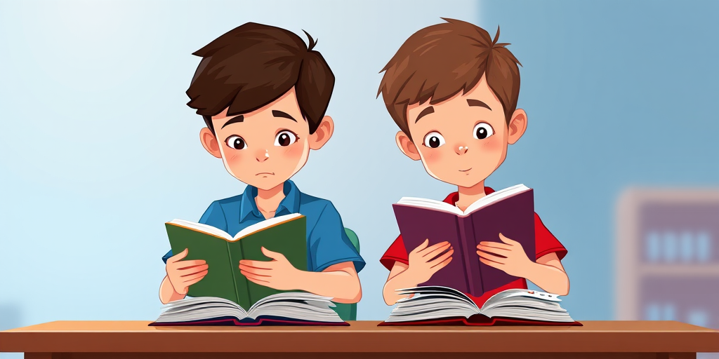 Create a digital illustration of two cartoon boys sitting at a desk, one in a blue shirt and the other in a red shirt, both intently reading books, background softly blurred with shades of blue, camera settings: ISO 100, aperture f/2.8, shutter speed 1/125, camera view: frontal angle, camera style: flat illustration, camera type: digital illustration.