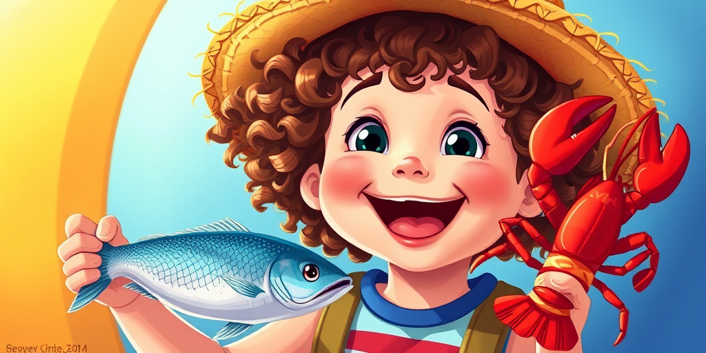 Create a vibrant digital illustration of a cheerful child with curly hair wearing a straw hat, holding a fish in one hand and a lobster in the other, use a wide-angle lens with an f-stop of 8, ISO 100, 24mm focal length, and soft natural lighting for enhanced colors and details.