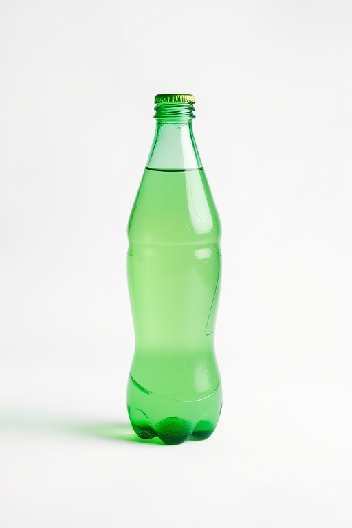 Generate a high-resolution image of a green plastic soda bottle on a white background, using a 50mm lens at f/2.8, ISO 100, with a softbox lighting setup for a clean and vibrant look, captured with a DSLR camera from a slightly elevated angle.