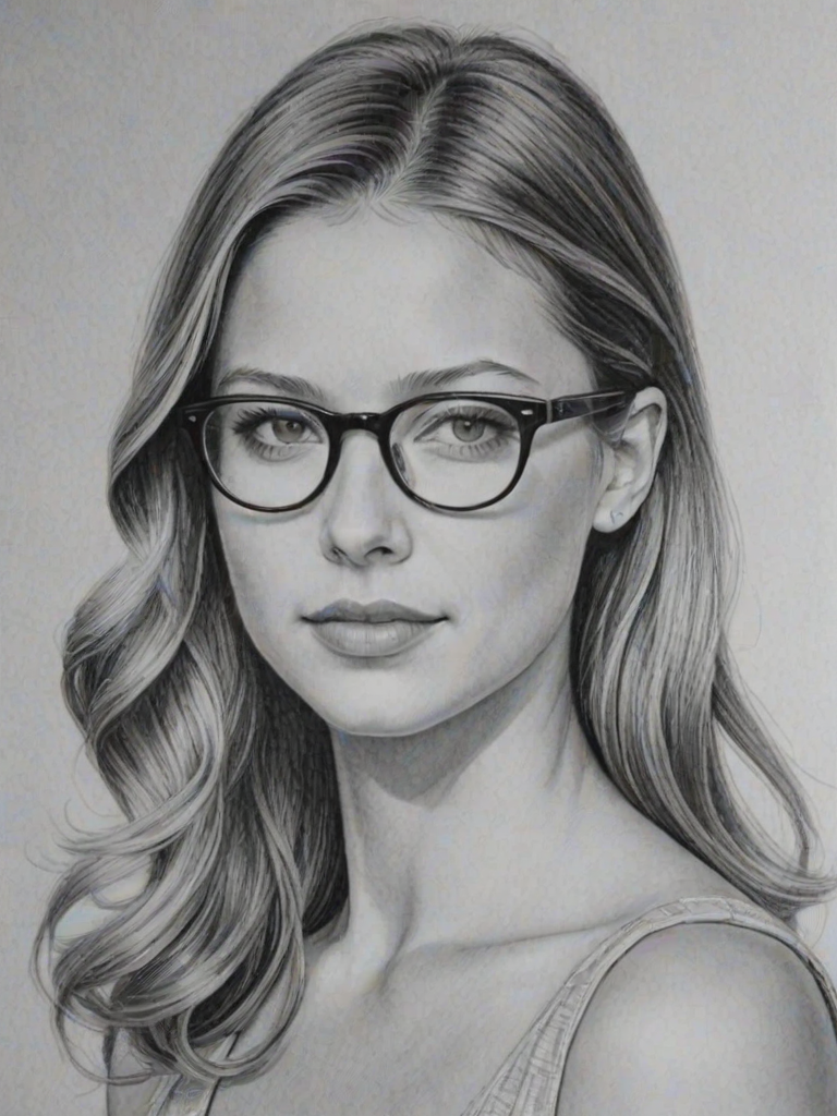 Gorgeous Melissa Benoist, pencil sketch, portrait of Pleasing woman 1954s in glasses, hair style beatnik, outline, clear lines, fine lines, 8k