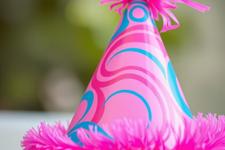 Create an image of a vibrant party hat with swirling patterns in pink and blue, captured with a DSLR camera at f/2.8 aperture, ISO 100, 1/200 sec shutter speed, from a slight above angle in natural light, emphasizing its glossy texture and colorful design.