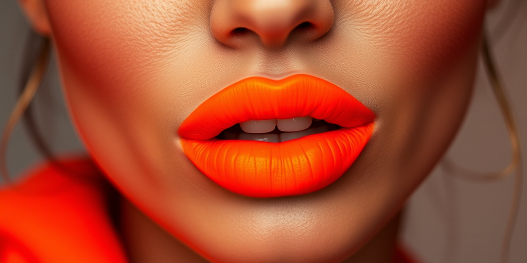 Bold neon orange lips make a vibrant statement, featuring an ultra-matte finish that pops against any skin tone and radiates energy
