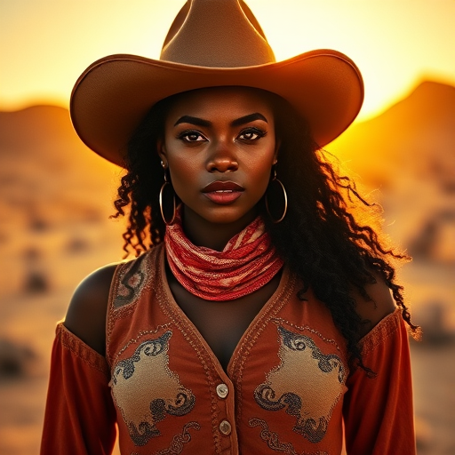 Dramatic photo of a beautiful Afro-Caribbean woman, classic cowboy attire, confident and free spirit expression, half-length portrait, centered, golden hour desert landscape, warm, diffused light, low angle, medium format film camera, in style of Annie Leibovitz.