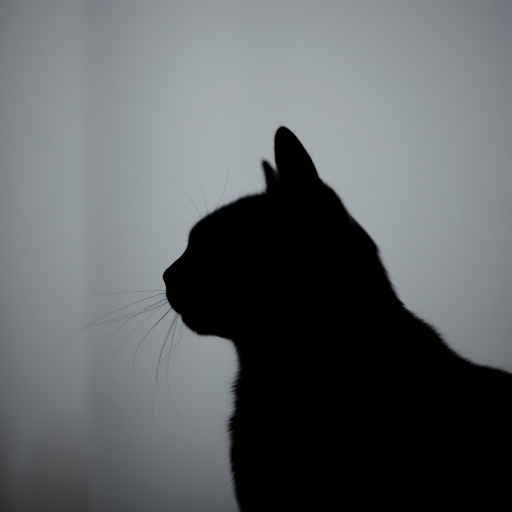 Generate a high-resolution image of a minimalist black silhouette of a cat, with a soft focus background, taken with a Canon EOS R5 at f/1.8, ISO 200, 1/250s in portrait mode for a dreamy effect.