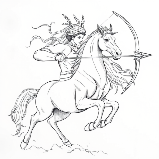Create a highly detailed line drawing of a centaur archer poised to shoot an arrow, with dynamic movement and intricate textures, captured using a DSLR camera with a 50mm lens, f/2.8 aperture, ISO 100, in natural lighting, focusing on sharp lines and contrast.