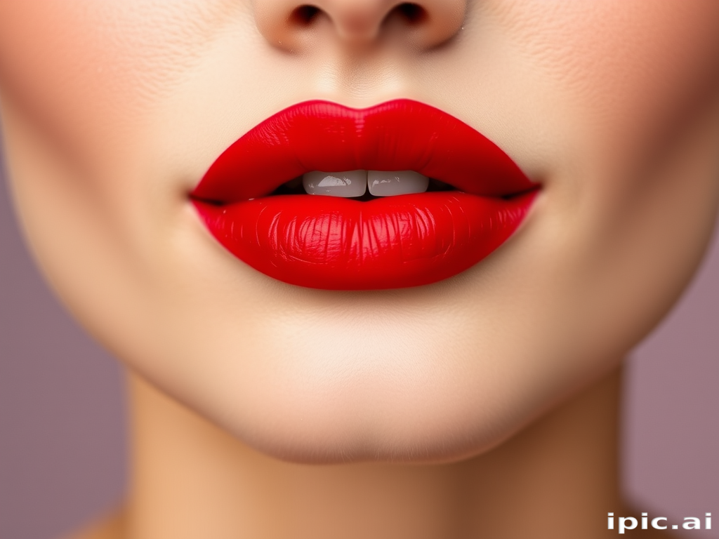 Classic red lip color with a satin finish adorns perfectly symmetrical lips, showcasing their flawless shape and smooth texture in a timeless, elegant style
