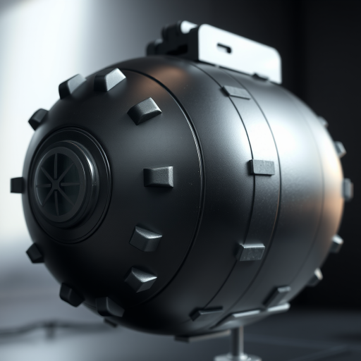 regenerate a high-resolution image of a large bomb with a sleek black surface and metallic fins, captured with a DSLR camera, 50mm lens, f/1.8 aperture, ISO 100, and side lighting for enhanced details and contrast