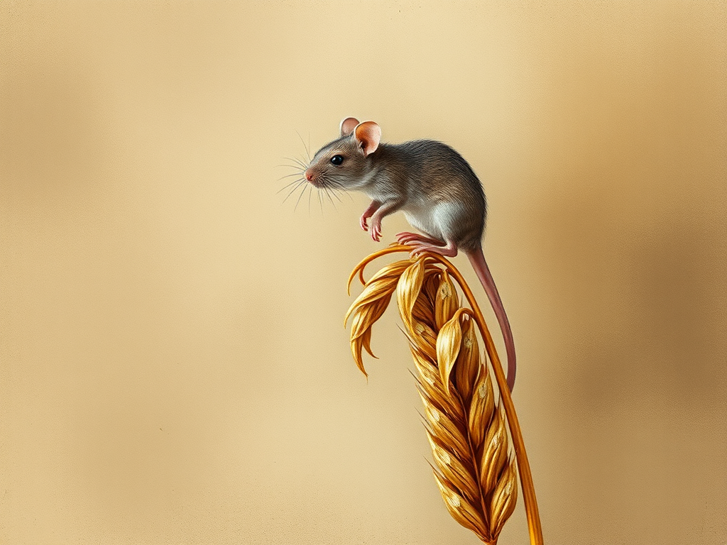 Soft, muted Alcohol Ink with ebru effect background image of tiny whimsical rat, who climbed high on the top of a golden rye ear.