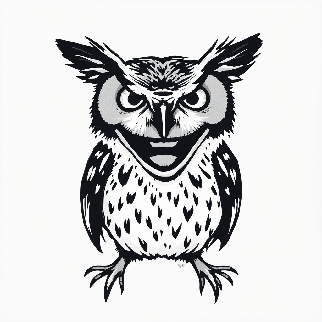 Abstract black and white acrylic portrait of an over exaggerated laughing (owl). Minimalism style. White background.