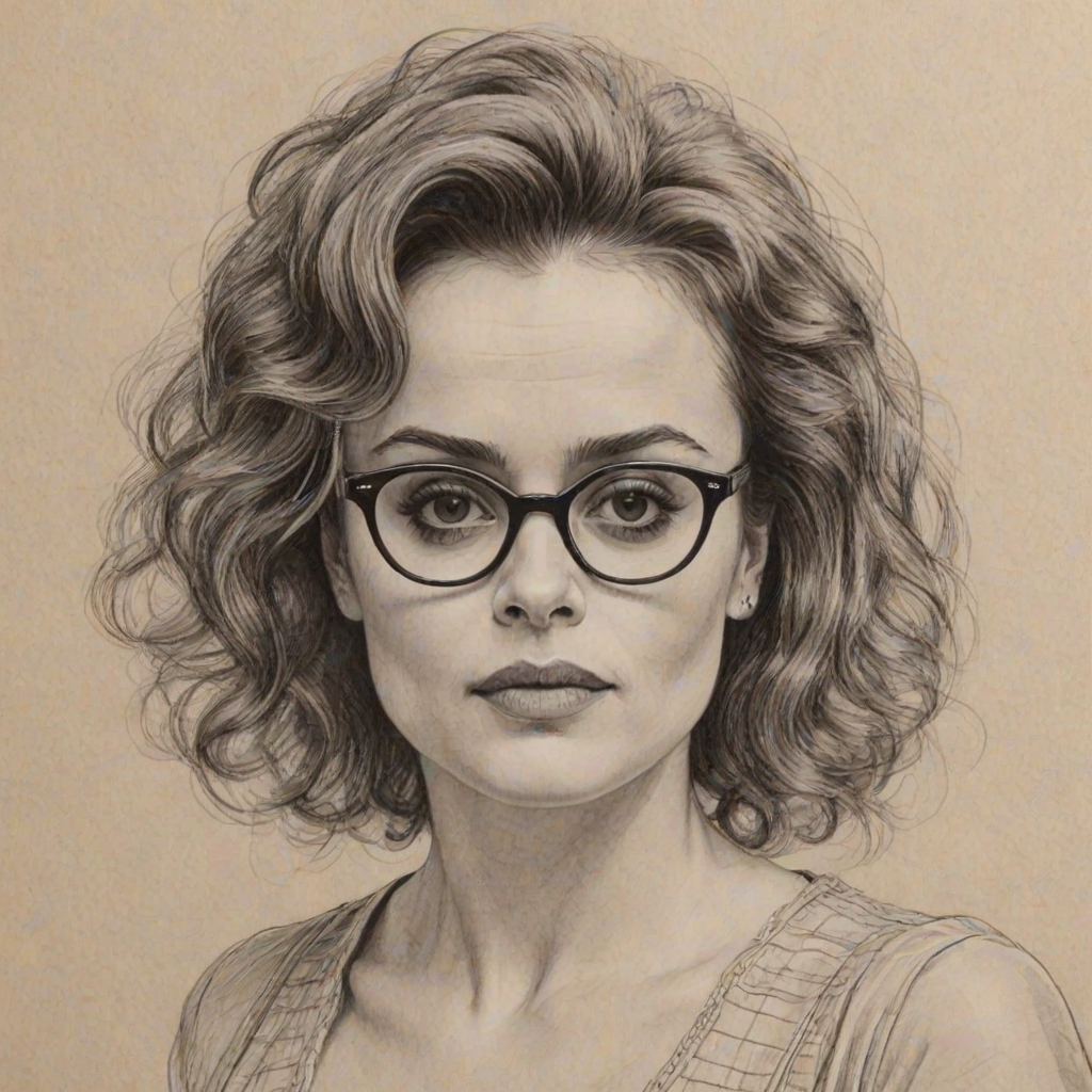 Fetching Helena Bonham Carter, pencil sketch, portrait of Sublime woman 1959s in glasses, hair style beatnik, outline, clear lines, fine lines, 8k