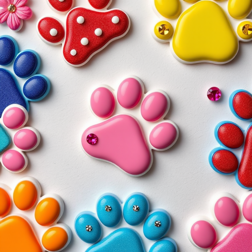 Create a high-resolution image of colorful paw prints in a variety of styles, featuring a floral design, polka dots, crystals, and geometric patterns, shot with a DSLR camera at f/2.8, ISO 100, with a 50mm lens in a flat lay perspective to enhance detail and vibrancy.