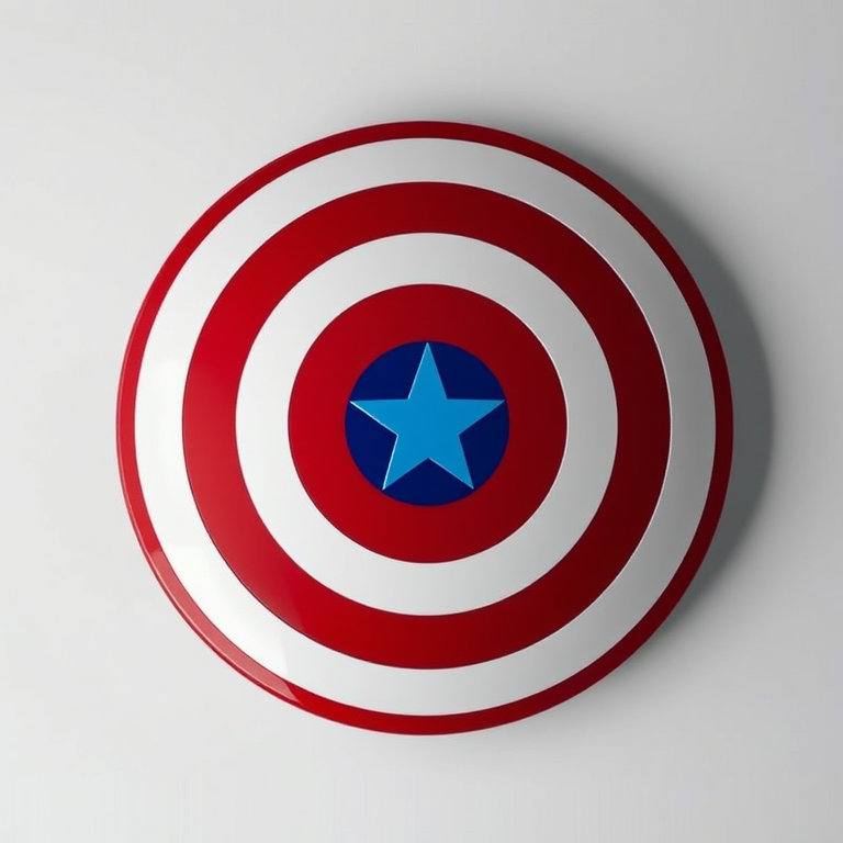 Create a vibrant image of a circular shield with a red and white concentric design featuring a blue star in the center, using a Canon EOS R5 camera with a 50mm f/1.8 lens, ISO 100, aperture f/8, and a focus on even lighting and sharp details in a 3D rendering style.