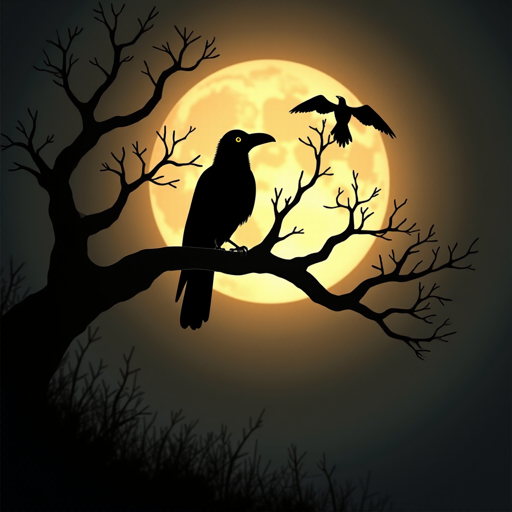 A fantastical photo featuring the silhouette of a crow perched on the branches of a tree, set against the backdrop of a large, luminous moon. Incorporate fantasy elements into the posture of the crow and the shape of the branches, depicting a mysterious scene illuminated by the moonlight on a tranquil night. Use warm tones to enhance the cozy atmosphere of this enchanting and elegant scene. insanely detailed, High contrast and low saturation.