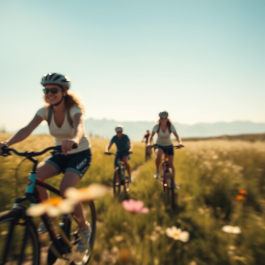 Blurry action shot of a group of friends riding bicycles through a sun-drenched meadow, soft focus on the flowers swaying in the breeze, with distant mountains silhouetted against the clear blue sky.