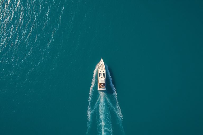 A serene coastal scene with a boat leaving gentle wake patterns on a calm blue ocean, enhancing colors and details with a 24mm lens at f/8, ISO 100, 1/250 sec, taken from a bird's-eye view with a DSLR camera in bright daylight.