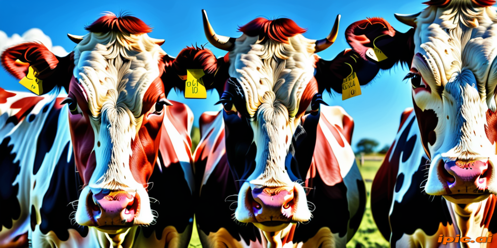Unique Red Cows Three Colorful Cows with Unique Ear Tags Standing in a Sunny Field