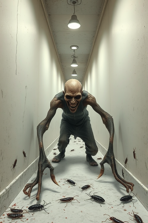 a crooked male with long arms and a creepy smile is crawling along a long white corridor and you can also see cockroaches in it there is a creepy atmosphere creepy art style