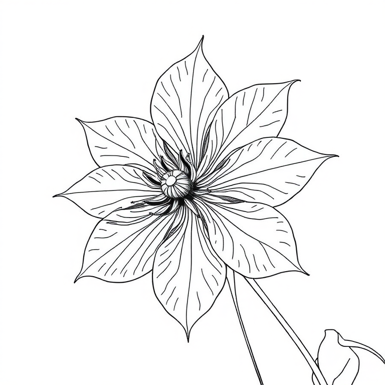 Regenerate a detailed line drawing of a clematis flower with sharp outlines and intricate details, featuring a plain white background, using a Canon EOS R5 camera, f/2.8 aperture, ISO 100, and a 50mm lens for enhanced clarity and depth.