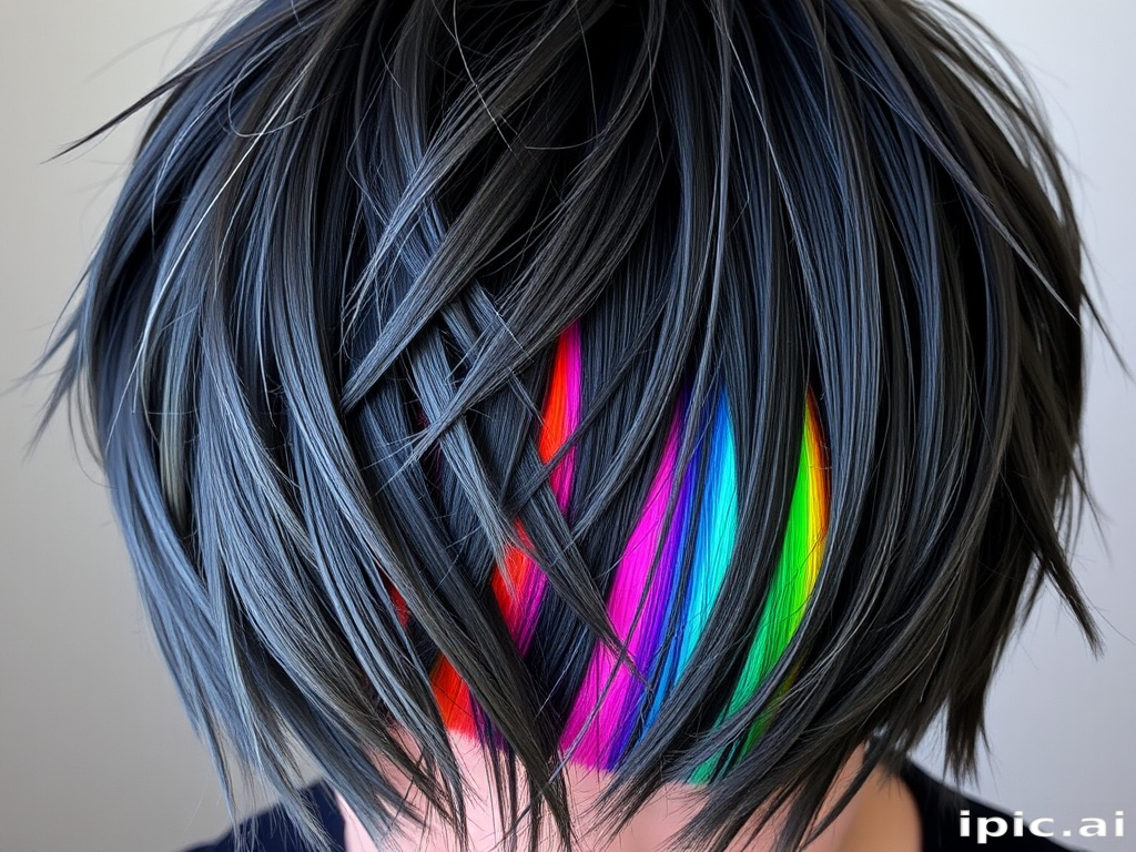 Vibrant rainbow underlights peeking through a dark charcoal gray shag cut, creating a playful yet edgy aesthetic called Prism Shadow
