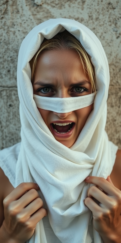 Create a close-up photographic image of a taino woman with light skin tones shown against an old, worn wall. Their head is wrapped in a white cloth covering (i.e.... parts of the head except the nose and mouth, which are open as if they are screaming...), with a slight texture and visible folds in the fabric. Thin strands of blonde hair escape from the wrapping above, falling lightly at the top and sides. Their hands hold the fabric as if they are tugging nervously. The lighting is dramatic and even, casting strong shadows. The image has a minimalist and surreal style with an emphasis on simplicity with soft color tones. The composition is centered.