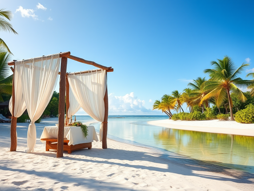 Create a picturesque tropical beach scene featuring a serene, white sandy shore. In the foreground, there's a rustic wooden canopy with white drapes gently flowing in the breeze. Underneath the canopy, a table is set with tropical decor, evoking a sense of relaxation and leisure. The beach extends into a calm, shallow water area with reflections of the sky and surroundings. Palm trees and lush greenery line the edge of the beach, providing a natural, tropical backdrop. The sky is clear with a few scattered clouds, and the overall atmosphere is tranquil and inviting, perfect for a peaceful retreat.