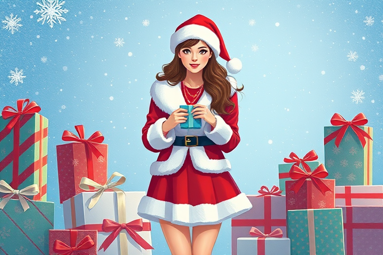 Create an illustration of a woman in a festive Santa outfit holding a gift, standing amidst large wrapped presents with a snowy blue background, using a DSLR camera with a 50mm lens at f/1.8, ISO 100, 1/200s, in a portrait view for enhanced depth and detail.