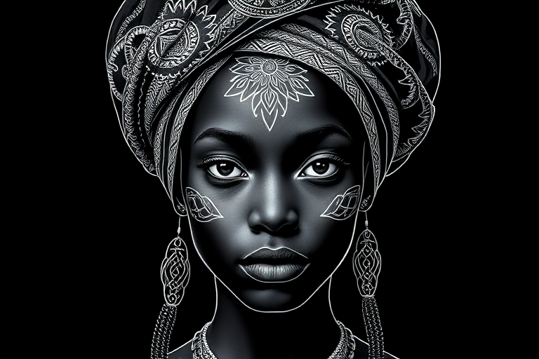 Create a highly detailed line art portrait of a person with intricate patterns on their headgear, set against a solid black background, using a Canon EOS R5 camera, 50mm lens, f/1.8 aperture, ISO 100, 1/125 sec shutter speed, and a soft focus effect to enhance depth and contrast.