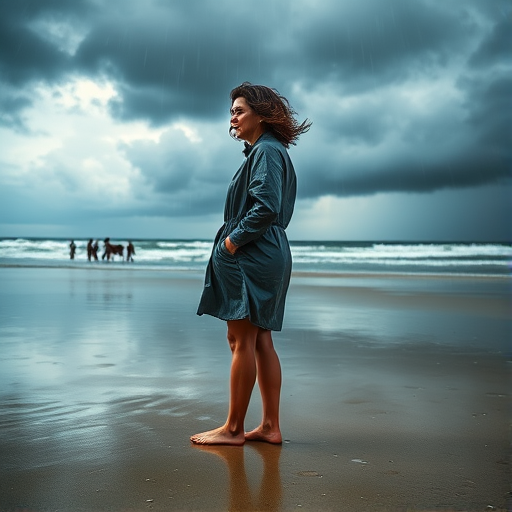Stormy beach, with dark clouds gathering on the horizon, a woman stands barefoot in the sand, her raincoat billowing in the wind as the first drops of rain begin to fall.