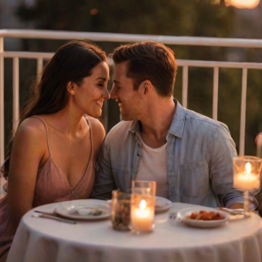 Blurry candid shot of a couple sharing a romantic dinner on a balcony, with soft candlelight illuminating their faces, and a beautiful sunset in the background.