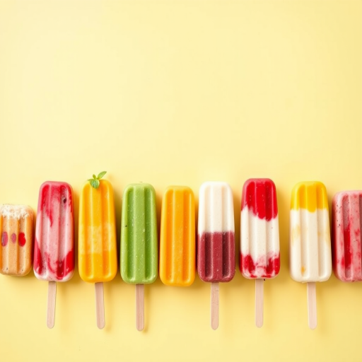 Create an image of a variety of colorful ice cream popsicles arranged in a straight line on a bright background with high-resolution detail, using a DSLR camera, f/2.8 aperture, 50mm lens, and natural lighting to enhance color vibrancy.