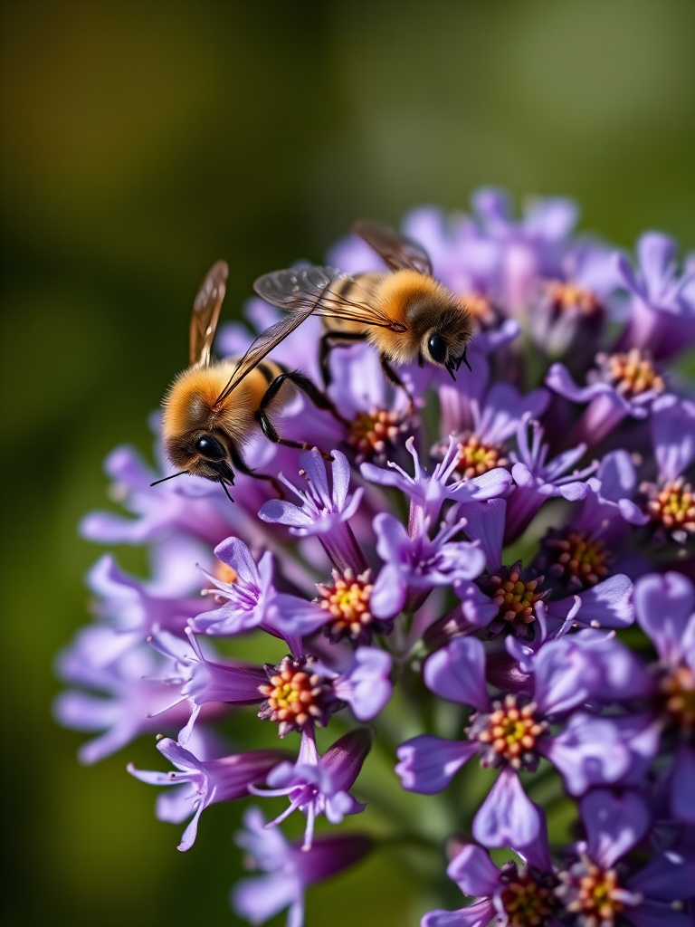 Close-up shot of bees on purple flowers, using a Canon EOS 5D Mark IV, 50mm lens, f/2.8 aperture, ISO 100, 1/200s shutter speed, shallow depth of field, natural lighting.