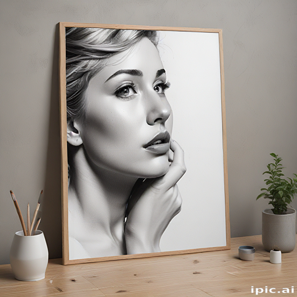 Stunning Black and White Portrait of a Thoughtful Woman in Framed Art