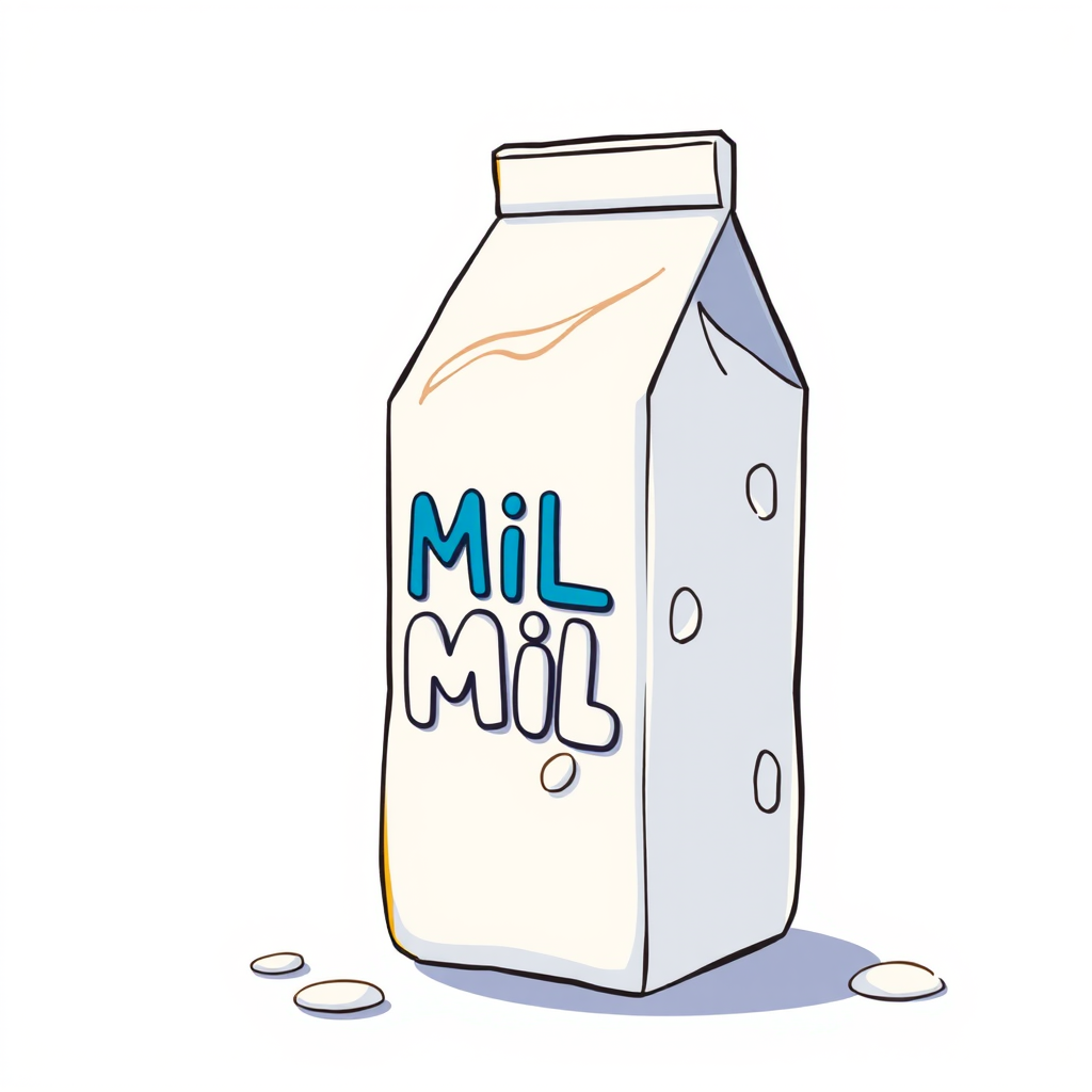 Generate a high-resolution illustration of a cartoon-style milk carton with bold lettering, using a Canon EOS R5 camera with a 50mm f/1.8 lens, shot at f/2.8, ISO 100, and a slight top-down angle for depth and clarity.