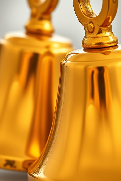 Photograph two golden hand bells with a glossy finish, close-up view, soft lighting, aperture f/2.8, ISO 100, shutter speed 1/60s, DSLR camera.