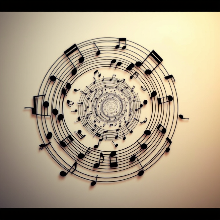 Create an intricate spiral design made of musical notes, capturing the essence of rhythm and melody with a high-resolution digital look, using a DSLR camera at f/8 aperture, ISO 100, 50mm lens, in a soft focus style.