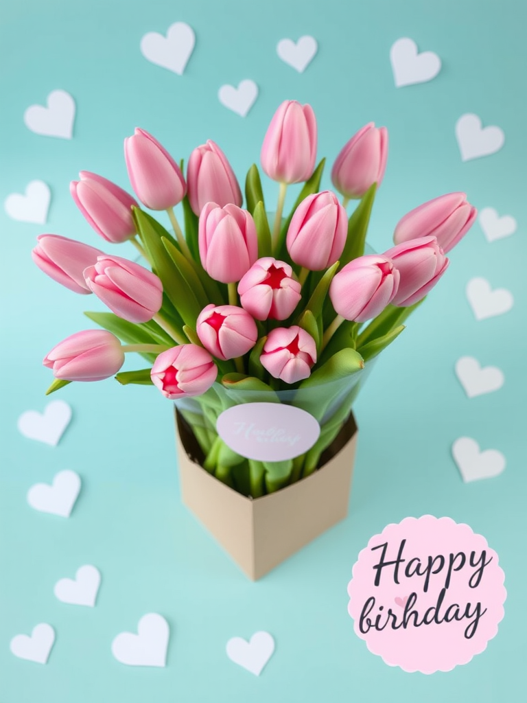 A bouquet of pink tulips in a brown cardboard box with green leaves against a teal background surrounded by white hearts and a small pink and white sticker, with the words Happy birthday in elegant black script.